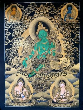 Rare Masterpiece Handpainted Tibetan Green Tara Thangka Painting Buddhism Dharma