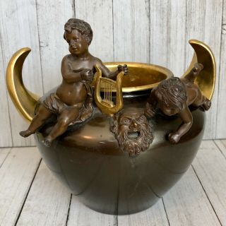 Vintage Planter Figural Putti Cherubs Harp Mythological Bronze Copper Brass