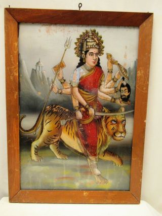 Antique Reverse Glass Painting Of Hindu Goddess Maa Durga Kaali Ambe Parvati
