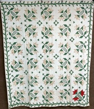 63 Applique Hearts EARLY Lily Quilt c 1850s turkey RED Antique Vining Buds 2