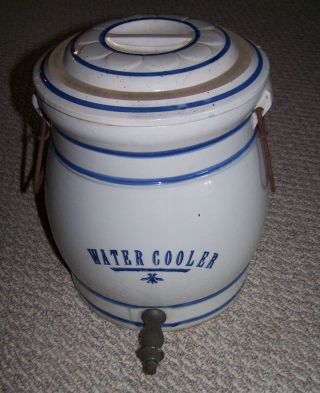 Antique Western Stoneware 2 Gallon Water Cooler With Cover & Handles Vintage