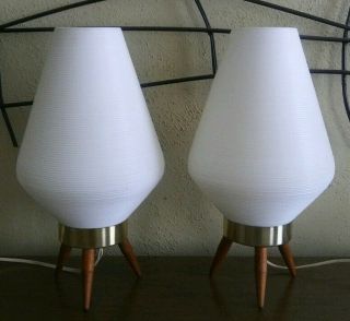 Pair Vntg Mid Century Tripod Beehive Bedroom Table Lamps Wood Legs 1960s