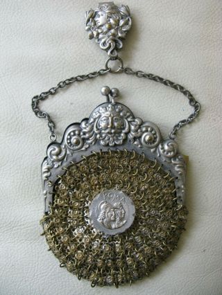 Antique Art Nouveau Woman Roman Gold Silver Chatelaine Kilt Chain Mail Purse