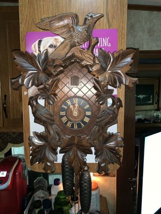 Large Vintage 8 Day Black Forest Hand Carved Cuckoo Clock Germany 1980 