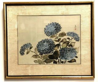 Antique Uehara Konen Japanese Woodblock Blue Hydrangea 27 " Rare
