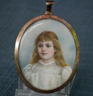 Fine Antique 19th Century Painted Miniature Portrait Of Young Girl