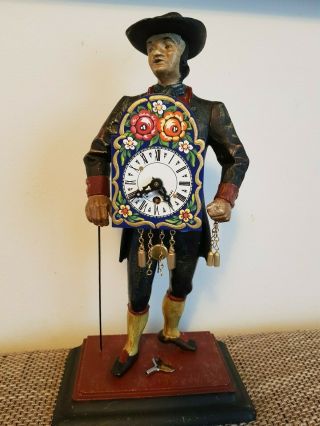 Vintage Schwarzwald Black Forest Figure Of Clock Man With Miniature Clock