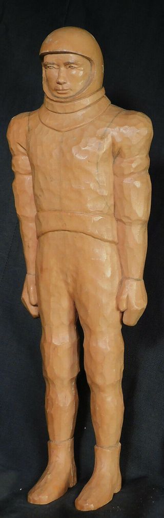 Vintage Mid - Century Modern Sculpture Wood Carving Rocket Man Astronaut 1950s Old