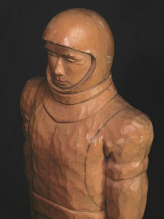 Vintage Mid - Century Modern Sculpture Wood Carving Rocket Man Astronaut 1950s OLD 3