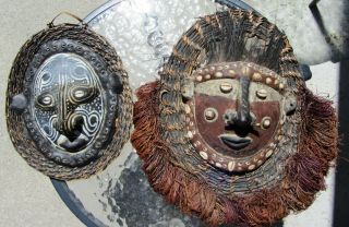 Two Rare Antique African Masks Kuba Congo Turtle Tortoise Cowrie Shells Gorgeous