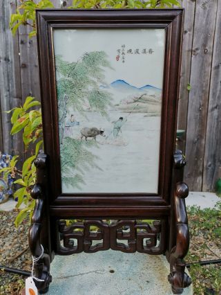 From Estate Chinese Old Rosewood Porcelain Plaque Table Screen Asian China