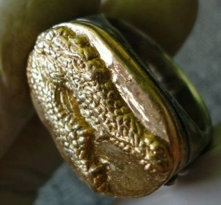 Ancient Antique Roman Silver Gold Ring Crocodile head 12