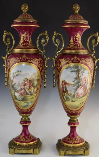 Pair Sevres Type 19.  5 " Hand Painted Porcelain Urns French Courting Scenes Signed