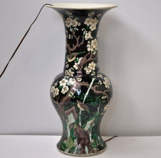 19th Century Qing Dynasty Antique Chinese Famille Noire Porcelain Vase Lamp 18 "