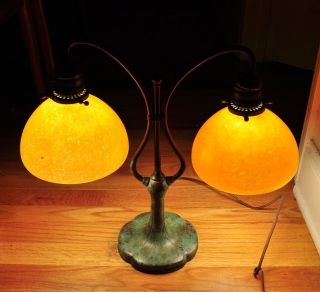 Tiffany Studios Style Bronze Base Student Desk Lamp With Two Golden Shades