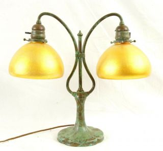Tiffany Studios Style Bronze Base Student Desk Lamp with Two Golden Shades 5