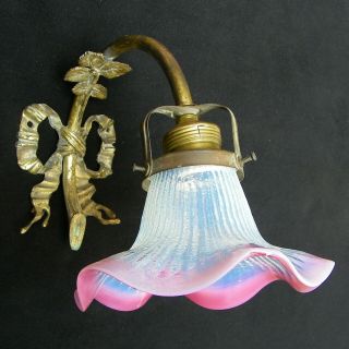 Antique Victorian Bronze Wall Sconce Pink Opalescent Ruffled Glass Light Shade