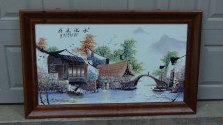 Vintage 20c Chinese Extra Large Painted Porcelain Framed Plaque Landscape Scene