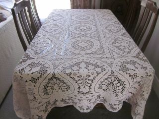 Gorgeous Vintage Deep Cream Rectangular Point De Venise Lace Tablecloth