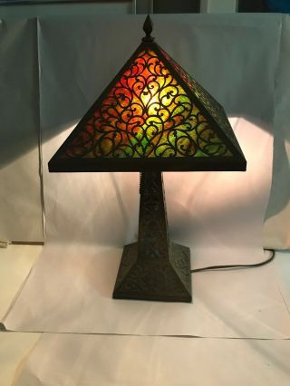 Antique Arts & Crafts Lamp Pierced Brass Stained Slag Glass Shade & Base