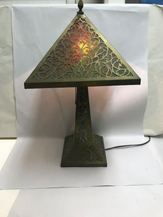 Antique Arts & Crafts Lamp Pierced Brass Stained Slag Glass Shade & Base 3