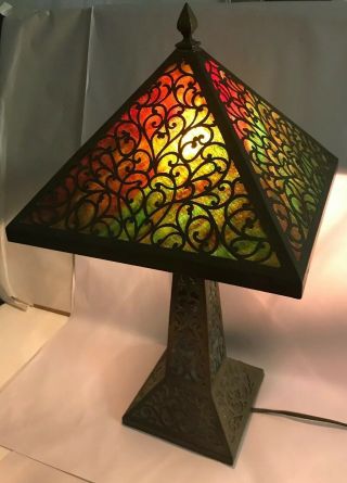 Antique Arts & Crafts Lamp Pierced Brass Stained Slag Glass Shade & Base 5