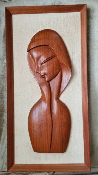 Vintage Witco Mid Century Modern Hand Carved Teak Female Bust Framed Wall Art