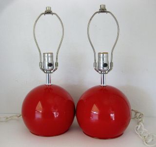 Pair Red Orb Metal Laurel Table Lamps Lights Mid Century Modern Sonneman Era