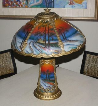 Antique Pittsburgh Reverse Painted Lighted Base Table Lamp - Profess.  Rewired
