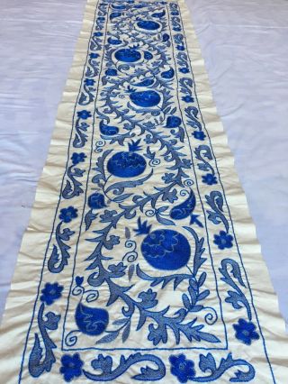 Blue Uzbek Vintage Long Wall Decor Hand Embroidered Suzani