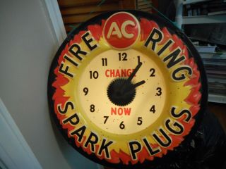 Vintage Ac Delco Fire Ring Spark Plugs Lighted Clock Light Sign