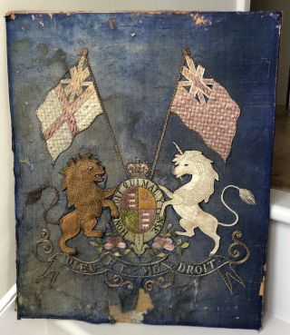 Antique Royal Navy Coat Of Arms Silkwork Needlework Embroidery Restoration