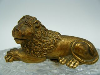 Antique C19th French Gilded Bronze Ormolu LION On Cut Glass Base.  Paperweight.  ? 10
