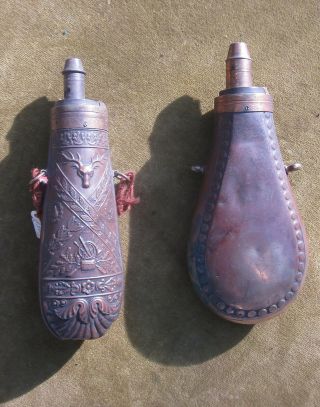 2 Antique Hunting Powder Flask French.  Mid 19 Teen Century