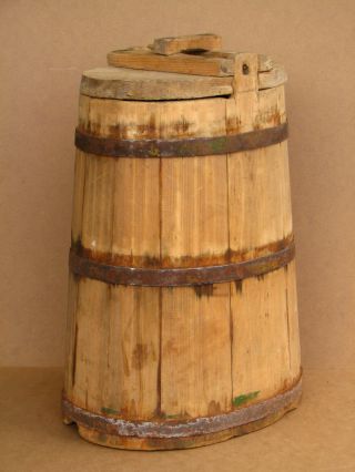 Antique Primitive Wooden Keg Barrel Vessel Cask Tub Pail For Brine Cheese 20th