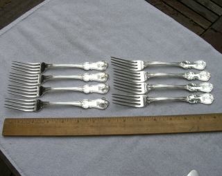 Set 8 Whiting Sterling Prince Albert (1855) Luncheon Forks - 7 1/8 Inch - Stag Crest