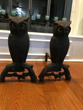 Vintage Antique Cast Iron Owl Fireplace Andirons - Yellow Glass Eyes