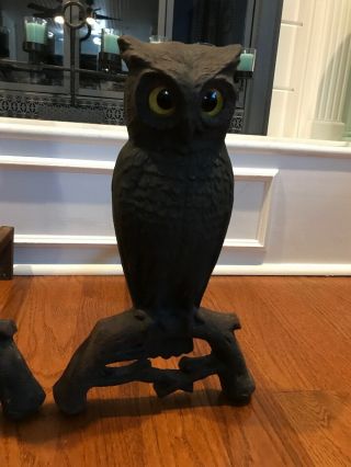Vintage Antique Cast Iron Owl Fireplace Andirons - Yellow Glass Eyes 3