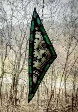 Architectural Salvage Leaded Stained Glass - Foliage,  Emerald Green Border