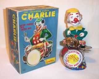 1960s Battery Operated Charlie The Drumming Clown Tin Litho Musical Toy Mib