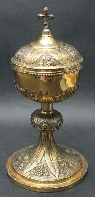 19thC Antique Chased Sterling Silver Gold Wash Covered Catholic Ciborium Goblet 10