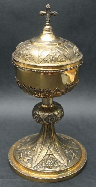 19thc Antique Chased Sterling Silver Gold Wash Covered Catholic Ciborium Goblet