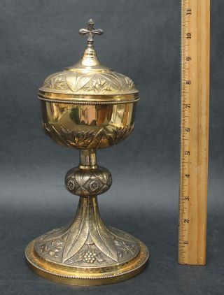 19thC Antique Chased Sterling Silver Gold Wash Covered Catholic Ciborium Goblet 2
