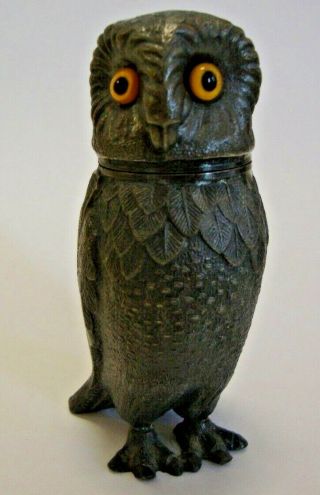 Antique Early 20th Century Novelty Pewter Pepper Pot In The Form Of An Owl