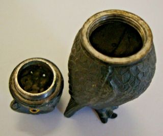 Antique early 20th century novelty pewter pepper pot in the form of an owl 6