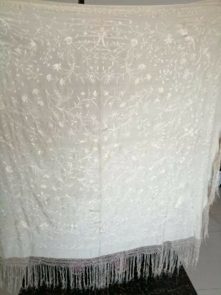 Antique Chinese Hand Embroidery Piano Shawl Pure Silk 157 By 157 Fringe 26 Cm