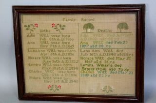 A Fine Dated 19th C Needlework Family Record Sampler Family Of Odin Witt 1841