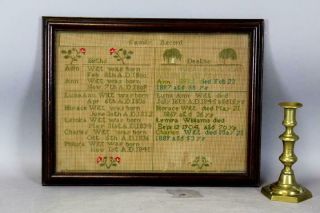 A FINE DATED 19TH C NEEDLEWORK FAMILY RECORD SAMPLER FAMILY OF ODIN WITT 1841 2