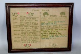 A FINE DATED 19TH C NEEDLEWORK FAMILY RECORD SAMPLER FAMILY OF ODIN WITT 1841 3