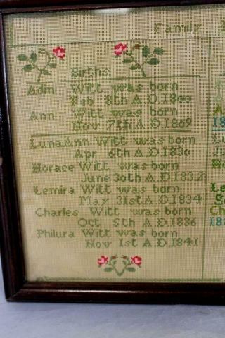 A FINE DATED 19TH C NEEDLEWORK FAMILY RECORD SAMPLER FAMILY OF ODIN WITT 1841 5
